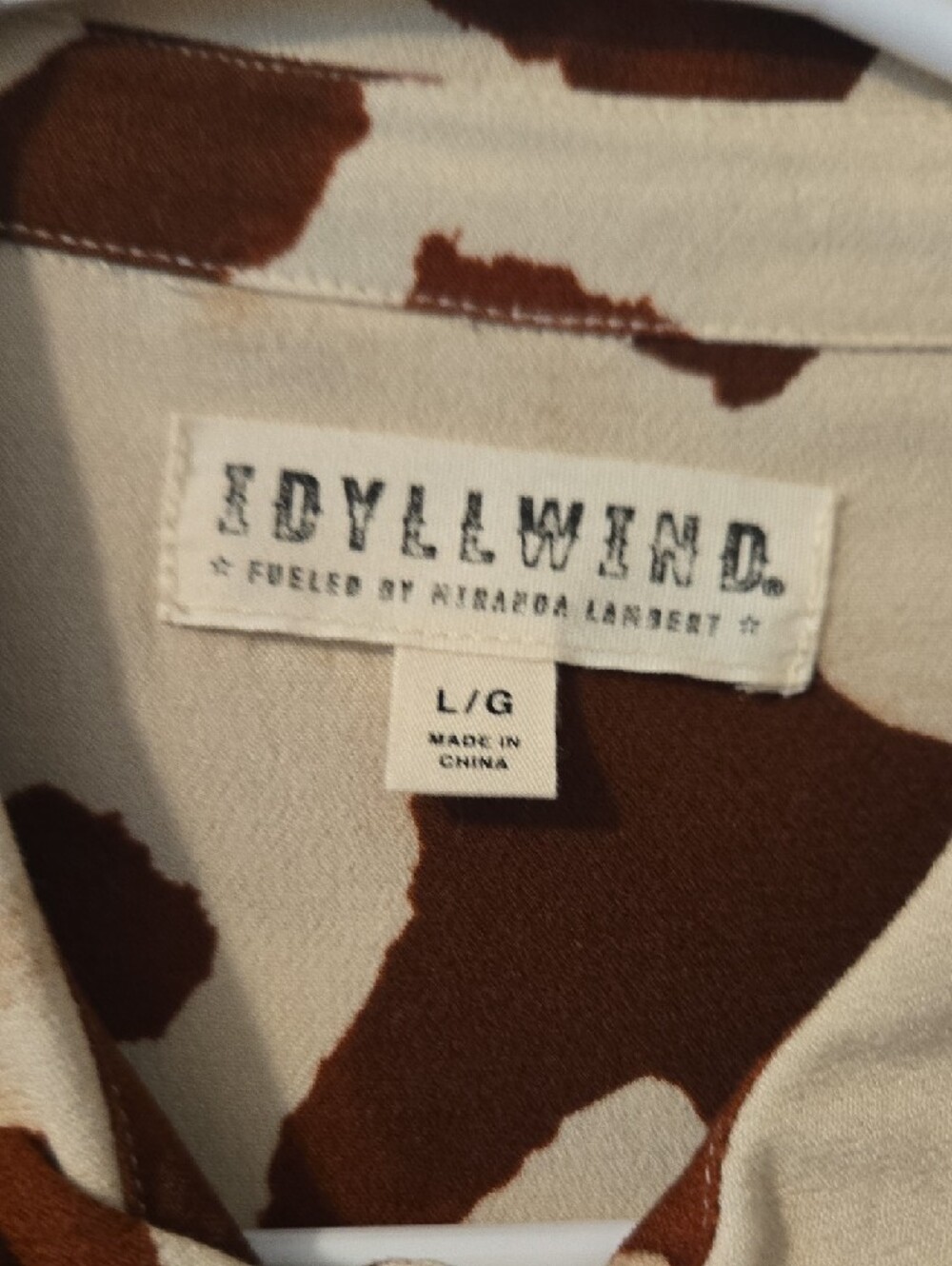 Idyllwind Cream and Brown Cow Print Button-Down Tie Front Top - Picture 2 of 4